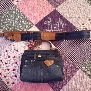 True Religion Dark Denim Satchel with Brown Leather Trim